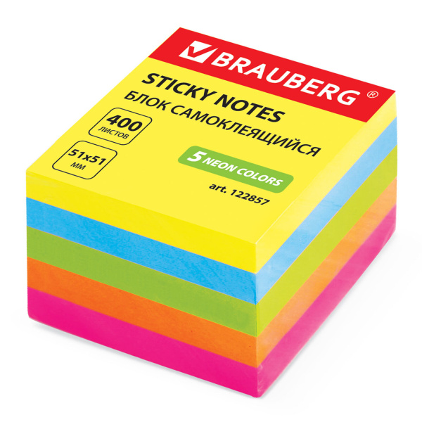 Блок самоклеящийся BRAUBERG НЕОН 51х51мм 400л., 5 цветов
