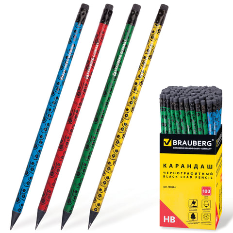Карандаш чернографитный BRAUBERG, 1 шт., "Fuete", НВ, черное дерево, с рисунком ассорти, c резинкой,