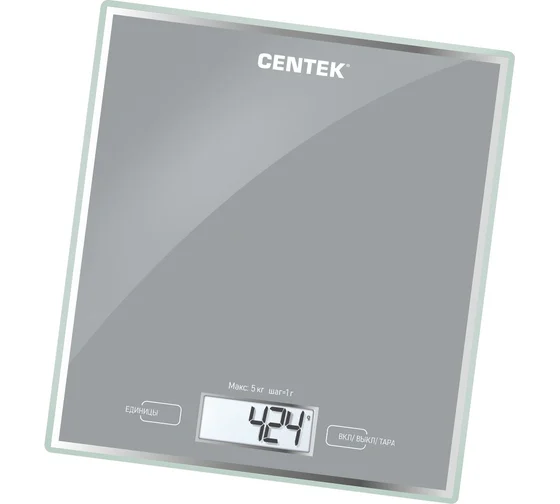 Весы кухонные CENTEK CT-2462 SILVER, электронный дисплей, max вес 5 кг, тарокомпенсация, стекло, CT-