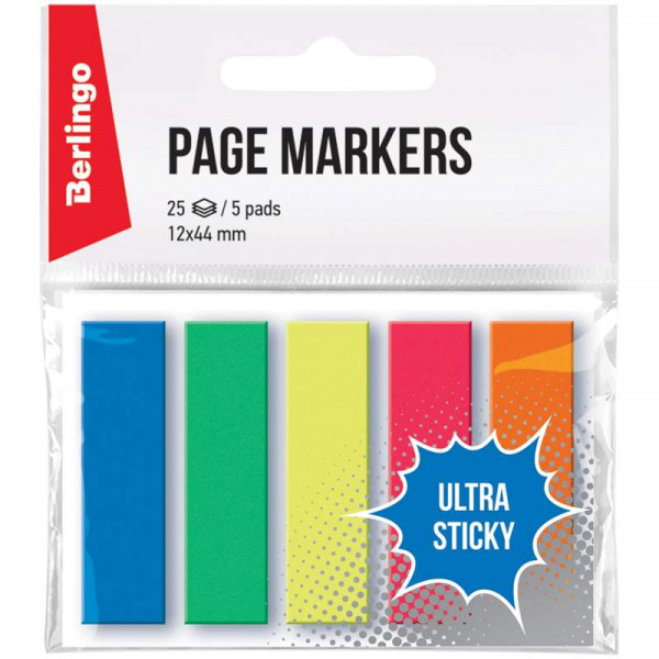 Закладки клейкие пластиковые Berlingo "Ultra Sticky", 44*12мм, 25л*5 неоновых цветов, европодвес