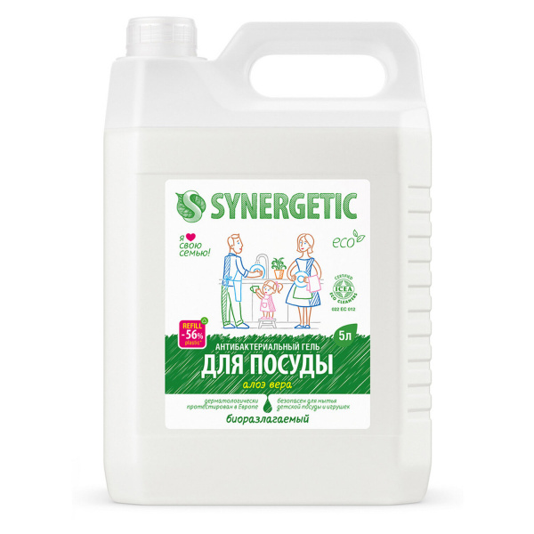 Средство для мытья посуды SYNERGETIC 5л "Алоэ", антибактериальное, канистра, 103503