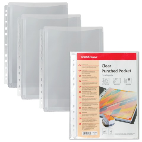 Папки-файлы перфорированные ERICH KRAUSE, КОМПЛЕКТ 10 шт., А4, вместимость до 200 листов, 30632