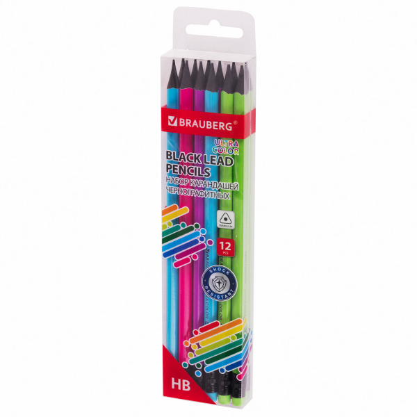Набор карандашей чернографитных BRAUBERG "ULTRA COLOR" 12 шт., HB, с ластиком, пластиковые, 181710 