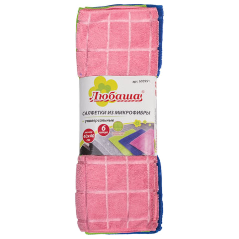 Салфетки универсальные, КОМПЛЕКТ 6 шт., микрофибра, квадратное тиснение, 40х40 см, ассорти, ЛЮБАША, 