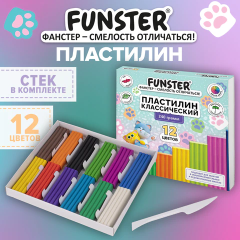 Пластилин классический, кросс-серия "КОШАЧЬИ ЛАПКИ", 12 цветов, 240 г, СТЕК, ВЫСШЕЕ КАЧЕСТВО, FUNSTE
