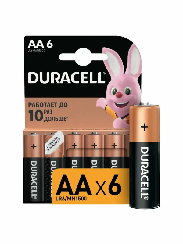 Батарейки КОМПЛЕКТ 6 шт., DURACELL Basic ОРИГИНАЛ, АА (LR6,15А), алкалиновые, пальчиковые