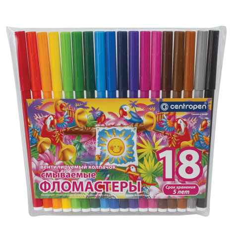 Фломастеры CENTROPEN "Птицы", 18 цветов, смываемые, вентилируемый колпачок, полибег, 7790/18-87