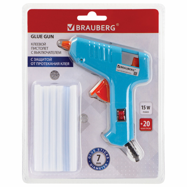 Клеевой пистолет 15 Вт для стержня 7 мм, комплект 20 стержней (10 белых + 10 прозрачных), BRAUBERG, 
