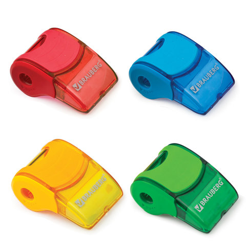 Точилка BRAUBERG "Referee", с контейнером и стират.рез., ассорти, форма свистка, уп. с подвес, 22358