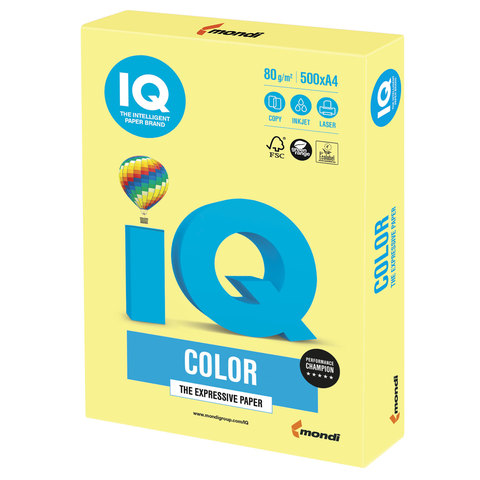 Бумага IQ (АйКью) color, А4, 80 г/м2, 500 л., умеренно-интенсив (тренд) лимонно-желтая, ZG34