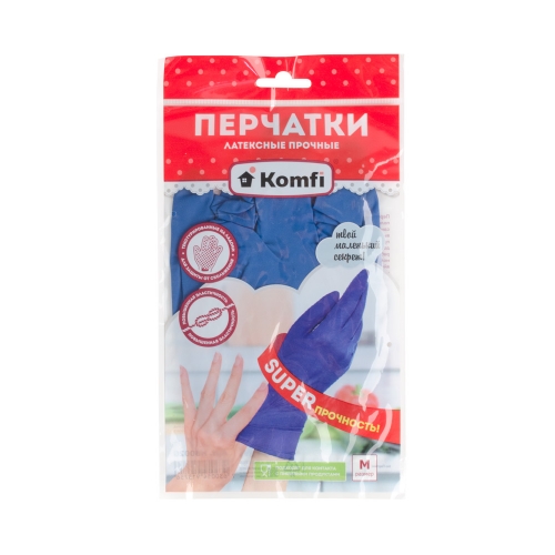 Перчатки резиновые Komfi разм. M, прочные, синие