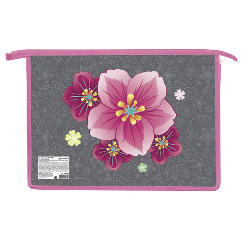 Папка для труда BRAUBERG, А4, пластик, молния сверху, цв. печать, девочка, Цветы, 226628