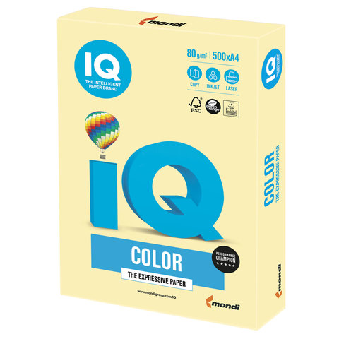 Бумага IQ (АйКью) color, А4, 80 г/м2, 500 л., пастель желтая, YE23