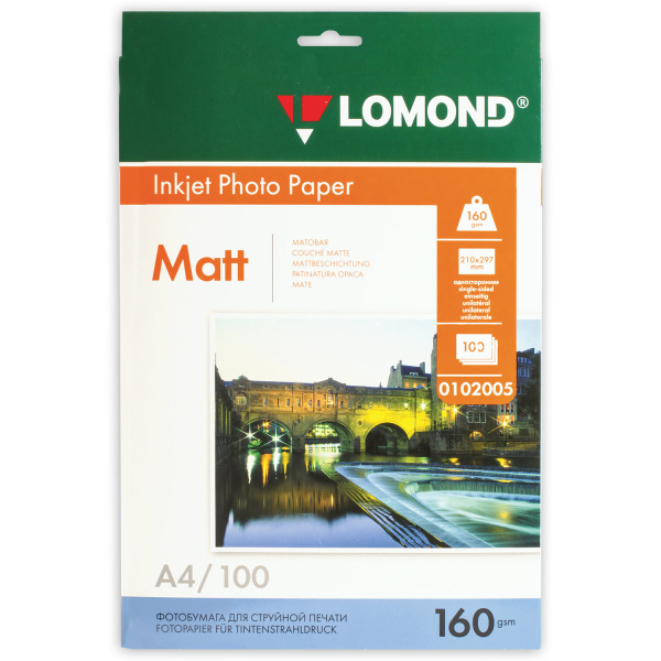 Фотобумага LOMOND д/струйной печати А4, 160г/м, 100л., односторонняя, матовая (0102005)