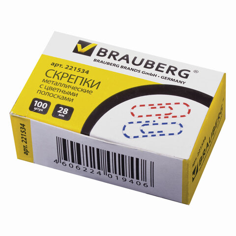 Скрепки BRAUBERG 28 мм с цветными полосками, 100 шт., в карт. коробке, 221534