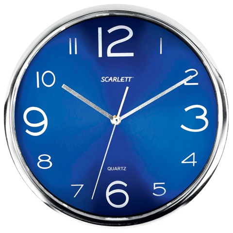 Часы настен. SCARLETT SC-WC1012O круглые, синие, серебристая рамка, пластик, плавный ход 30х30х4,5см