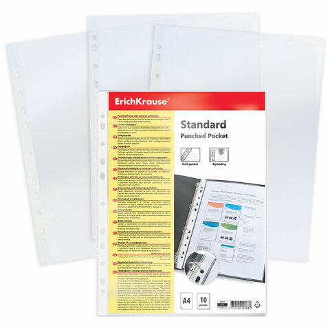 Папки-файлы перфорированные A4 ERICH KRAUSE, КОМПЛЕКТ 10шт., гладкие, 0,03мм, 6791