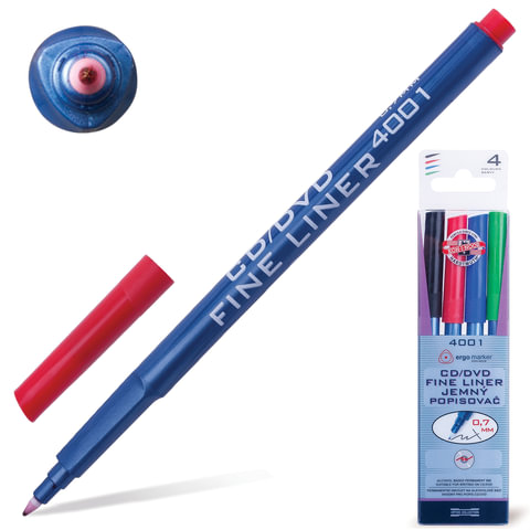 Маркеры для CD и DVD KOH-I-NOOR, НАБОР 4шт., трехгран, 0,7мм, (чер.,син.,красн.,зел.), 774001JD01PK