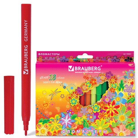 Фломастеры BRAUBERG "Flowers" (Цветы), 18цв, вент.колп,карт.упак.с радуж.фольгой,ув.срок служ,150561