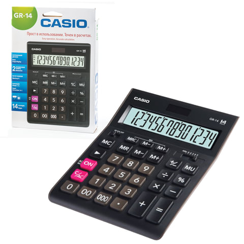 Калькулятор CASIO настольный GR-14-W, 14 разрядов, двойное питание, 209х155 мм, европодвес, черный, 