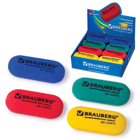 Резинка стирательная BRAUBERG "Zoom-Zoom", овальн, 55х23х10мм, цвет ассорти, в карт. дисплее, 222470