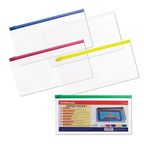 Папка-конверт на молнии ERICH KRAUSE 255*130мм, прозрачная, 0,15мм, 4563