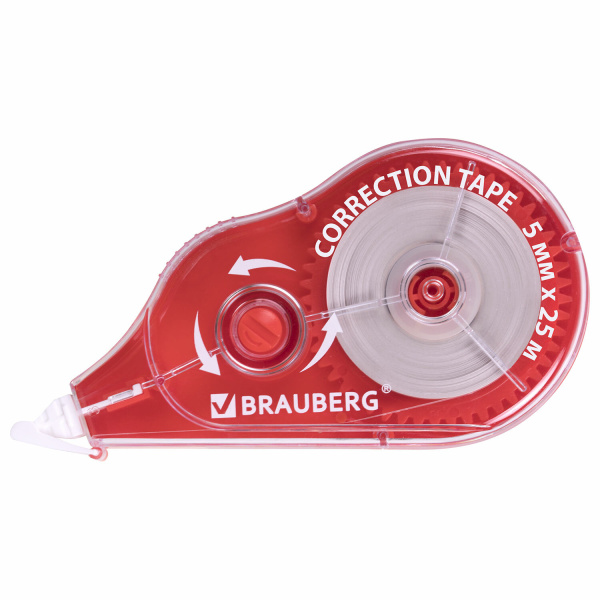Корректирующая лента BRAUBERG MAXI PLUS, 5 мм х 25 м, механизм перемотки, корпус красный, блистер
