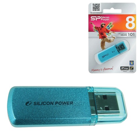 Флэш-диск SILICON POWER 8GB Helios USB 2.0, скорость чтения/записи - 10/5 Мб/сек, ГОЛУБОЙ