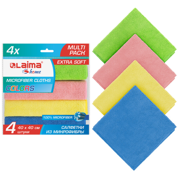 Салфетка из плотной микрофибры 40х40 см "MULTI PACK PRO COLOUR 40", КОМПЛЕКТ 4 шт., LAIMA