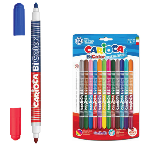 Фломастеры двухстороние CARIOCA "Bi-color" (Италия), 12 шт., (24 цвета), супер смываемые, вентилируе