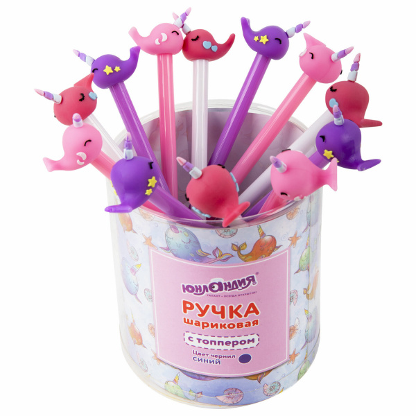 Ручка с топпером шариковая ЮНЛАНДИЯ "Кит-Единорог", корпус ассорти, СИНЯЯ, узел 0,7мм, 143783