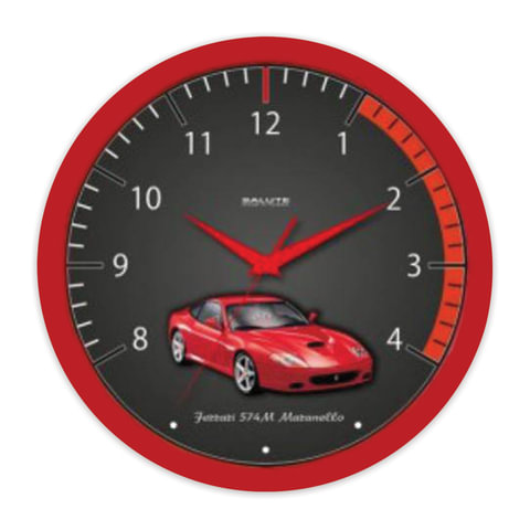 Часы настенные САЛЮТ П-Б1-383 круг, черные с рисунком "Феррари", красная рамка, 28х28х4см