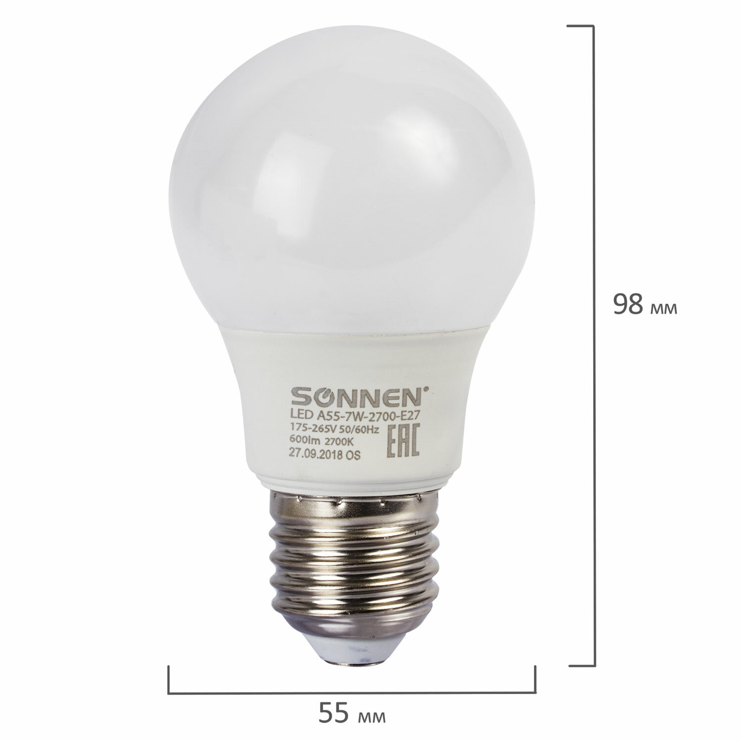 Лампа светодиодная SONNEN, 7(60)Вт, E27, грушевидная, теплый/белый, LED A55-7W-2700-E27, 453693