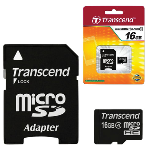 Карта памяти microSDHC 16GB TRANSCEND, 4 Мб/сек (class 4), с адаптером, TS16GUSDHC4