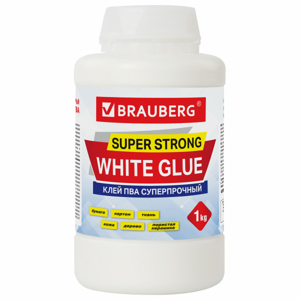 Клей ПВА BRAUBERG 1 кг "Экстра" Суперпрочный (керамика, ткань, кожа, дерево, бумага, картон), 600984