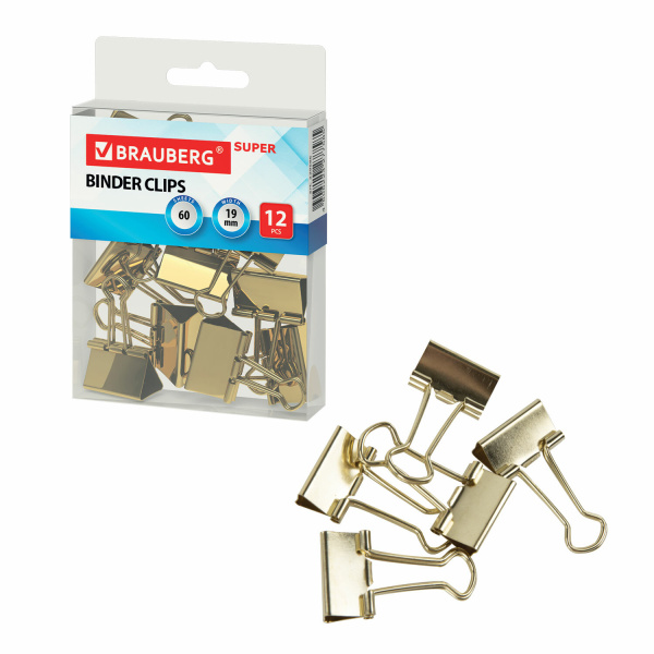 Зажимы для бумаг 19мм BRAUBERG EXTRA, 12шт., на 60 л., золотистые