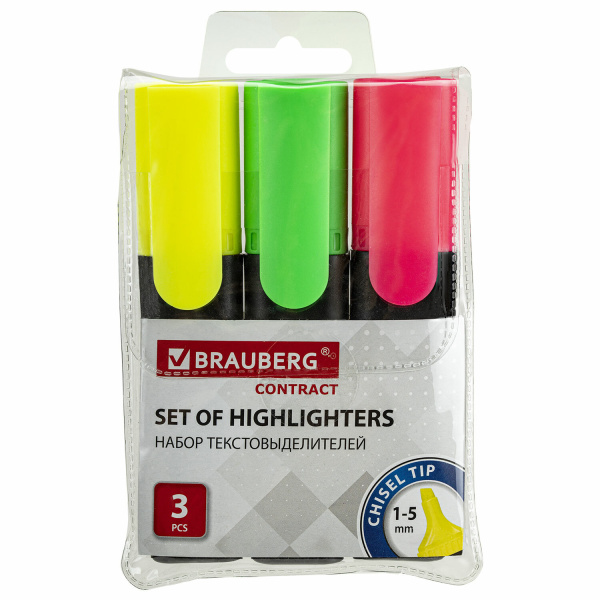 Набор текстмаркеров BRAUBERG "CONTRACT" 1-5мм, 3 шт. (лим. зел, роз), скошенный наконечник, 150395