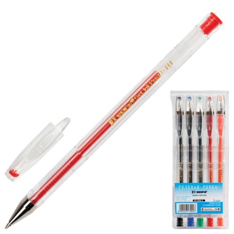 Ручки гелевые BEIFA (Бэйфа), НАБОР 5шт, корп.проз, цв.дет, металл.након, 0,5мм, подв, PX888-5, ассор