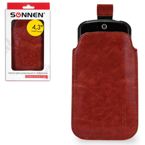 Чехол для телефона SONNEN, кожзам, M, 130x70x10мм, универсальный, коричневый, 261963