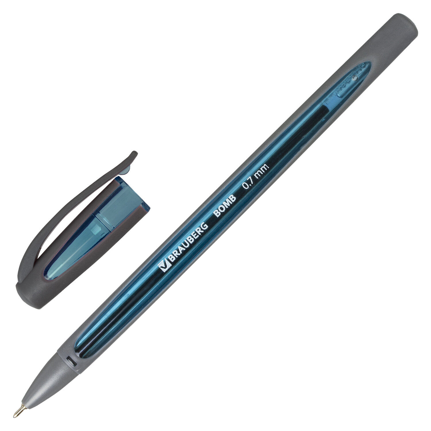 Ручка шариковая масляная BRAUBERG "BOMB GT Metallic", СИНЯЯ, прорезин. корпус ассорти, 0,7мм, 143348