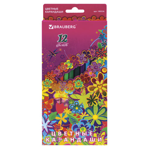 Карандаши цветные BRAUBERG "Flowers" (Цветы), 12 цв., заточенные, картонная упаковка Карандаши цветные BRAUBERG "Flowers" (Цветы), 12 цв., заточенные, картонная упаковка