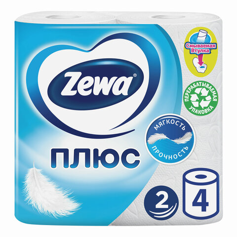 Бумага туалетная ZEWA Plus, 2-х слойная, спайка 4шт.х26м, белая, 144051, ш/к 03308