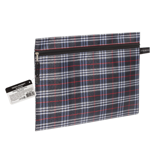 Папка-конверт на молнии BRAUBERG А4, 335*243мм, ткань, клетка, 224049